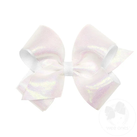 Medium Sheer Iridescent and Grosgrain Overlay Hair Bow - White