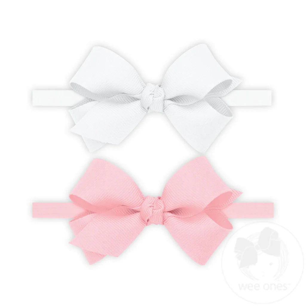 Two Mini Hair Bows with Knot Wrap on Matching Skinny Nylon Bands