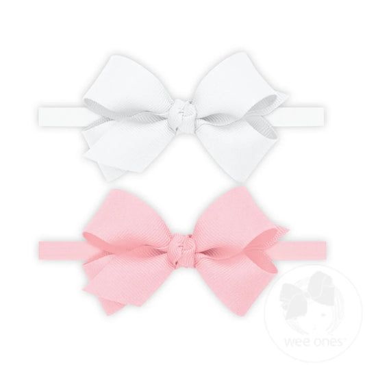 Two Mini Hair Bows with Knot Wrap on Matching Skinny Nylon Bands