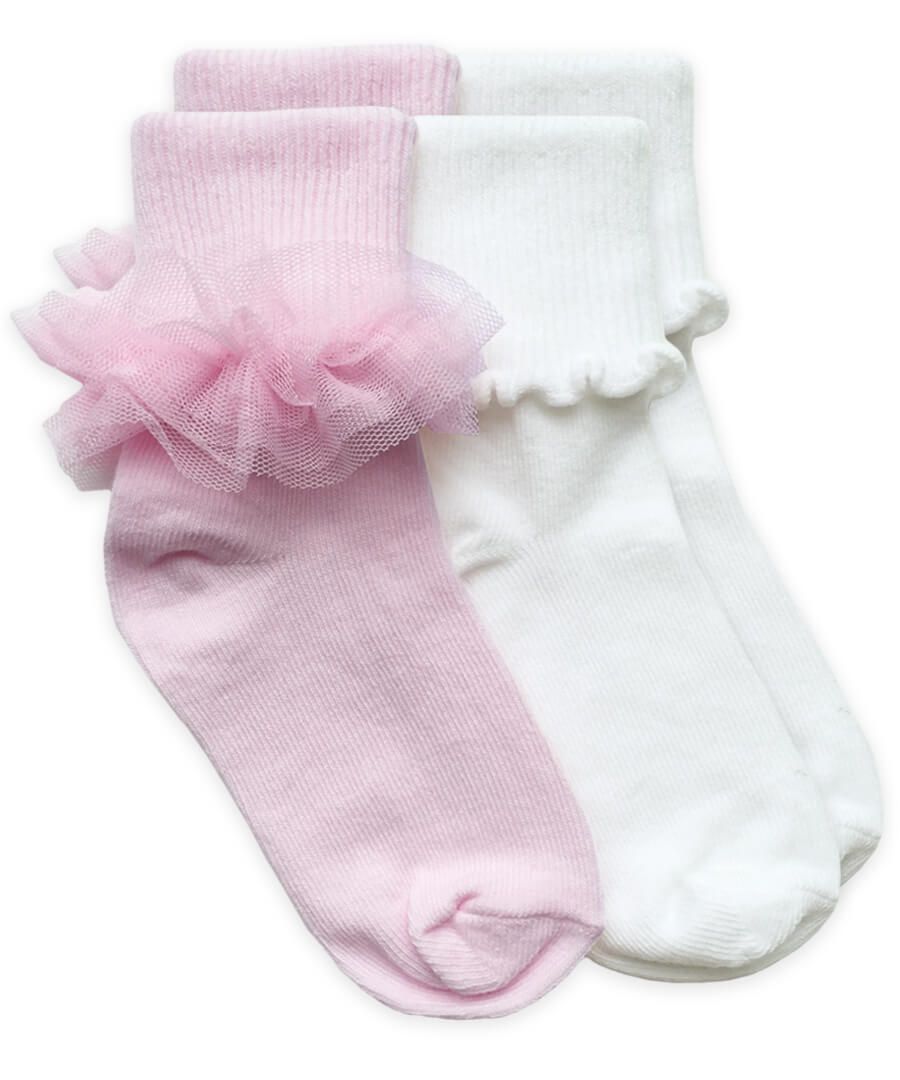 Ruffle Lace and Ripple Edge Turn Cuff Socks - 2 Pair Pack