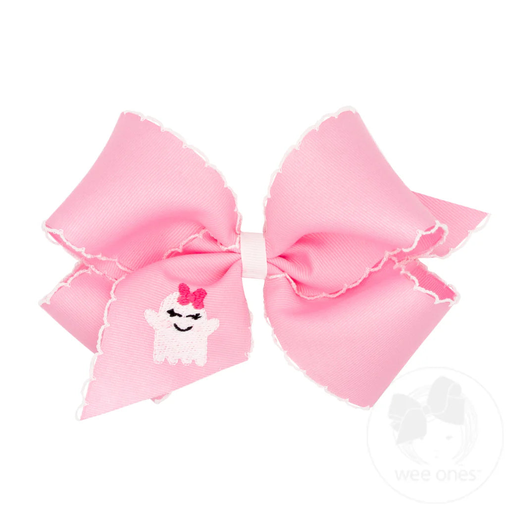 King Grosgrain Hair Bow Pink Ghost Embroidery