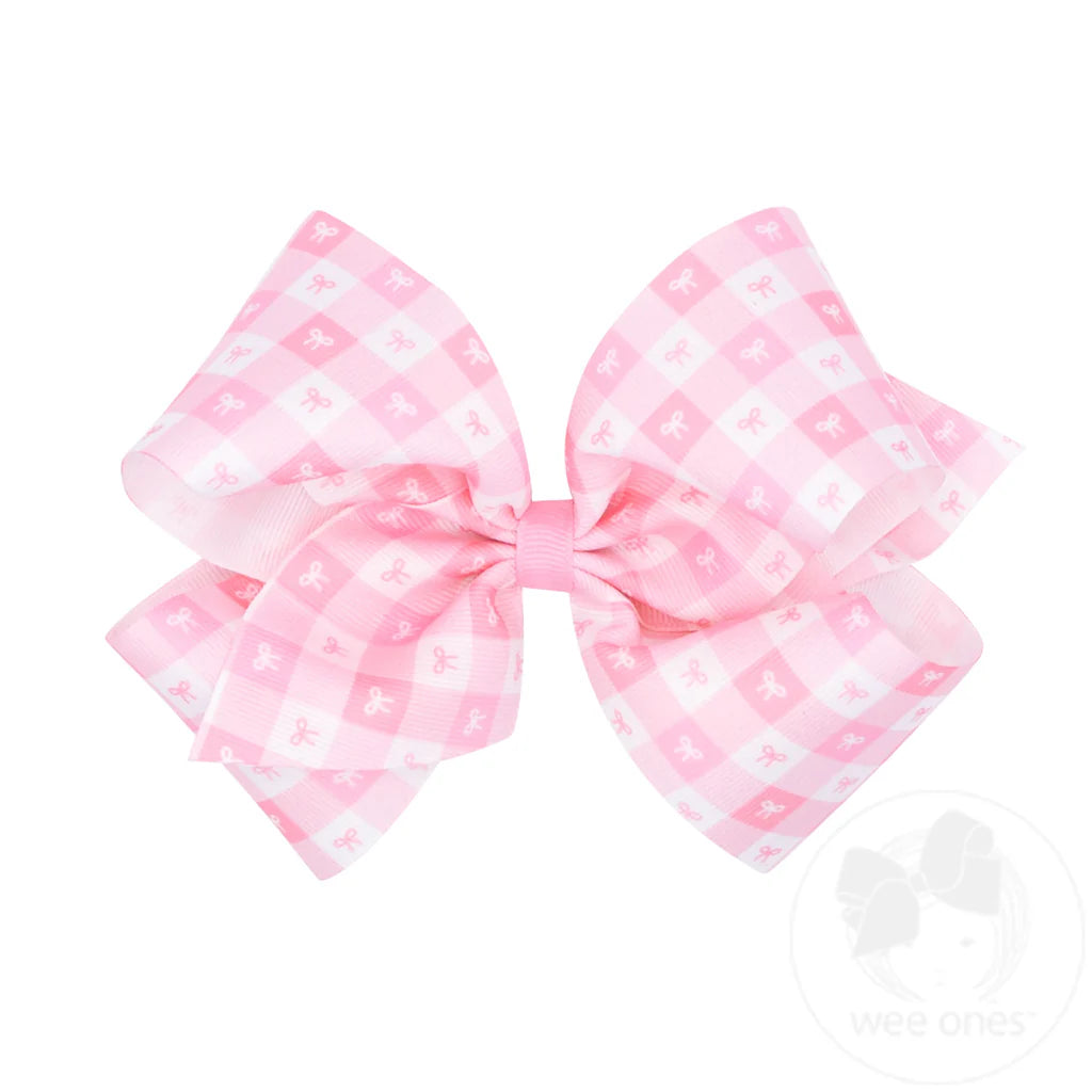 King Pearl Pink Gingham Bows Print Grosgrain Hair Bow