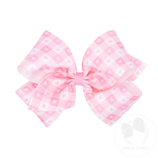 King Pearl Pink Gingham Bows Print Grosgrain Hair Bow