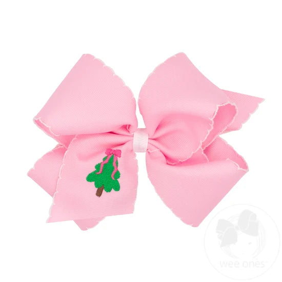 King Moonstitch Pink Christmas Embroidered Hair Bow - Tree