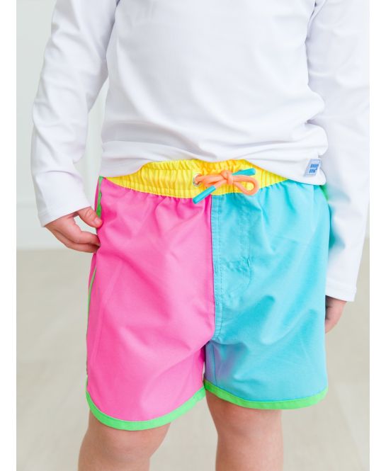 Neon Color Block Dolphin Hem Swim Trunks