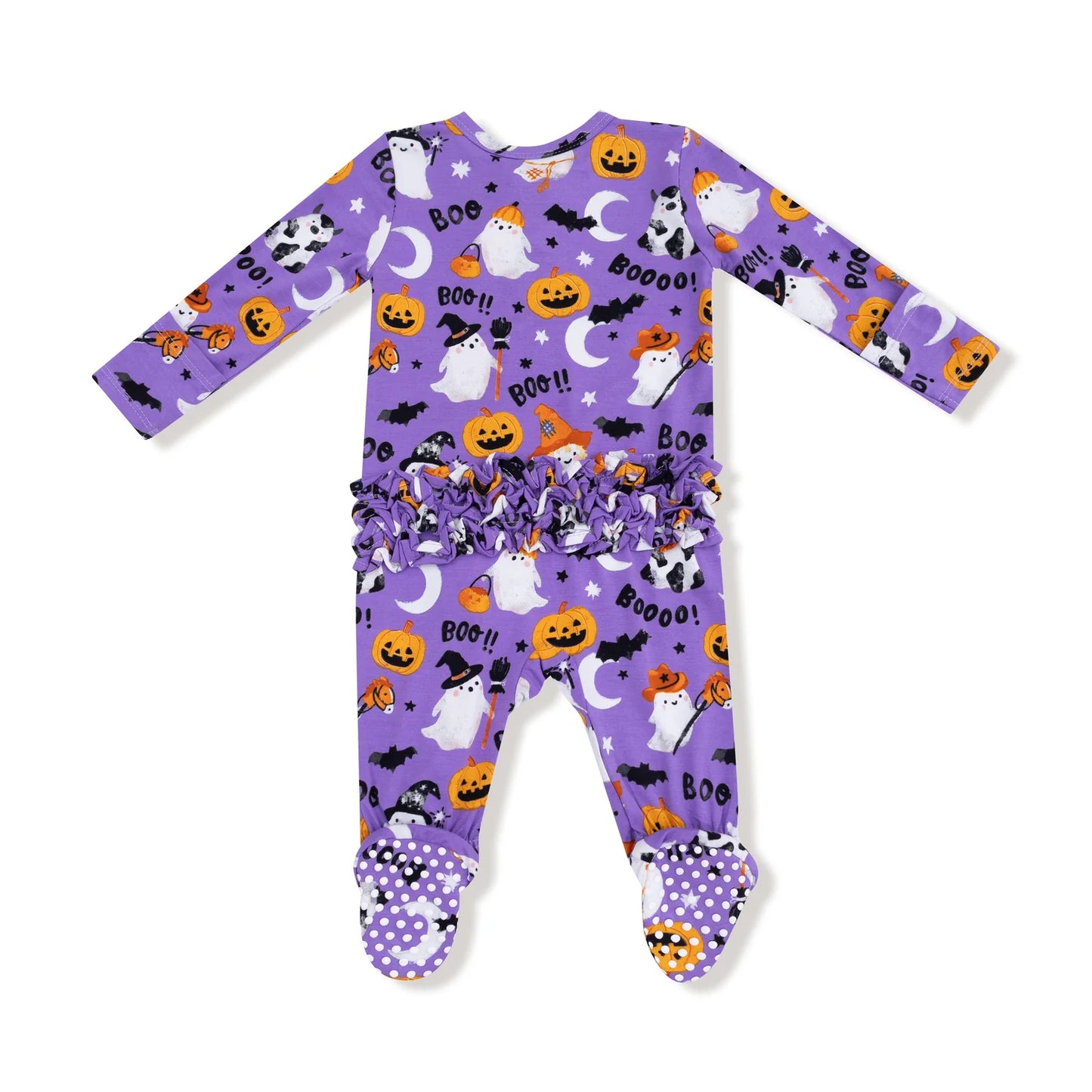 Costumed Ghosts - Glow In The Dark - Purple 2 Way Zipper Ruffle Back Footie