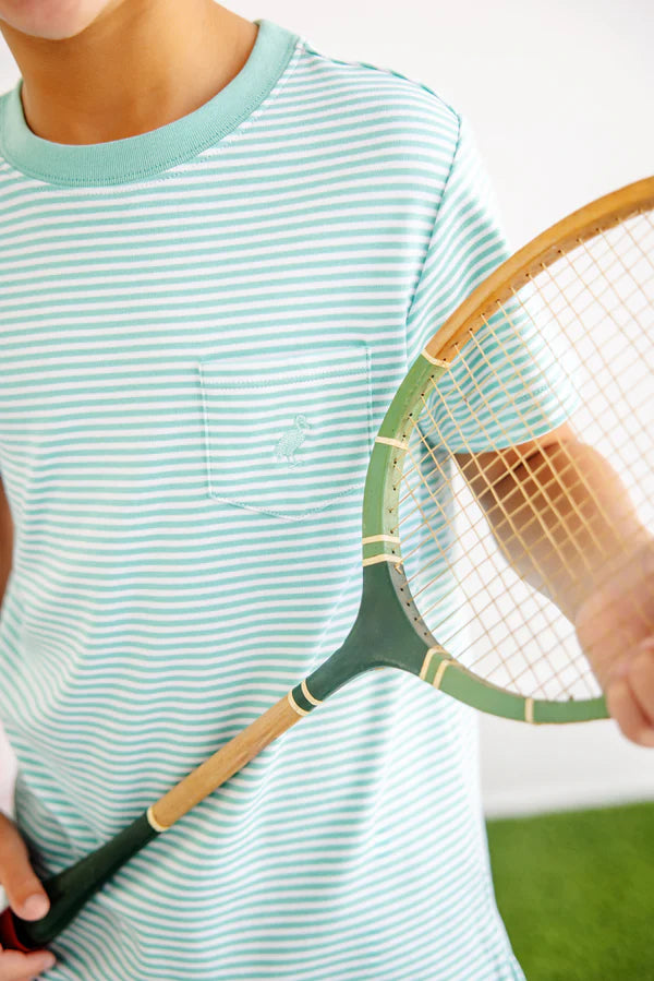 Carter Crewneck- Turks Teal Stripe with Turks Teal Stork