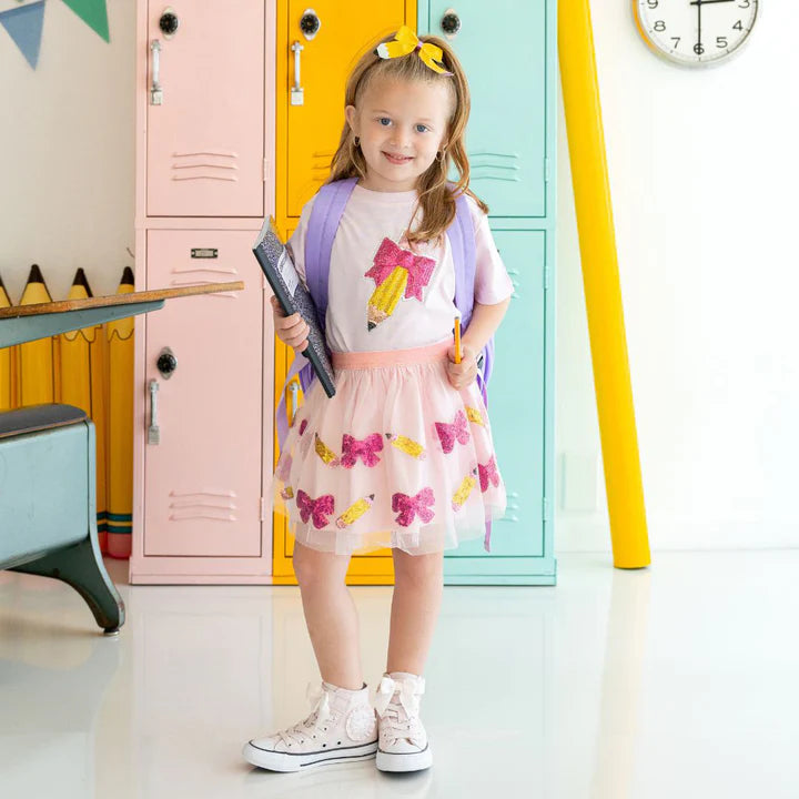 Pencil Bow Sequin Patch Short Sleeve T-Shirt