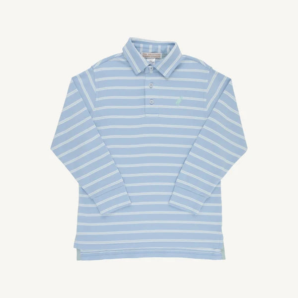 Long Sleeve Prim & Proper Polo - Sarasota Sky, Old Greenwich Green and Worth Avenue White Stripe