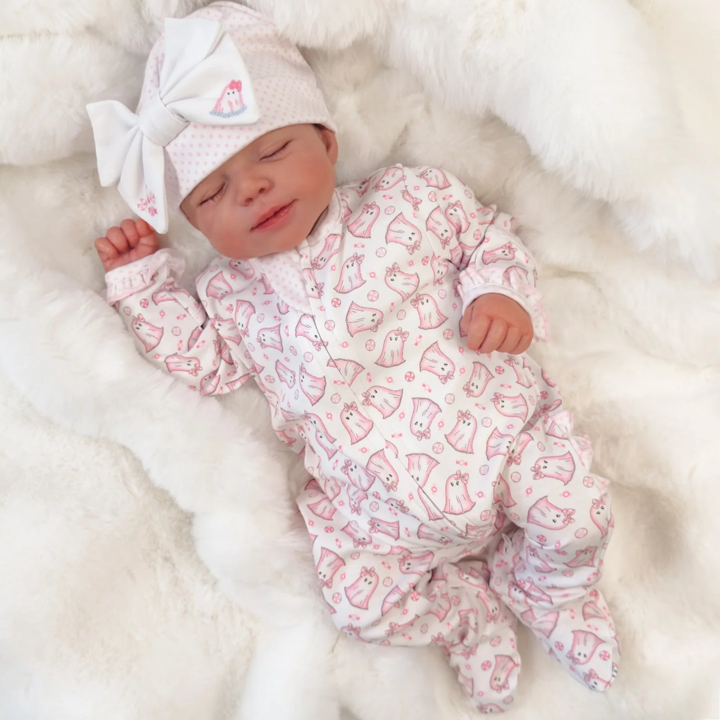 My Little Boo Print Ruffle Zip Footie - Pink