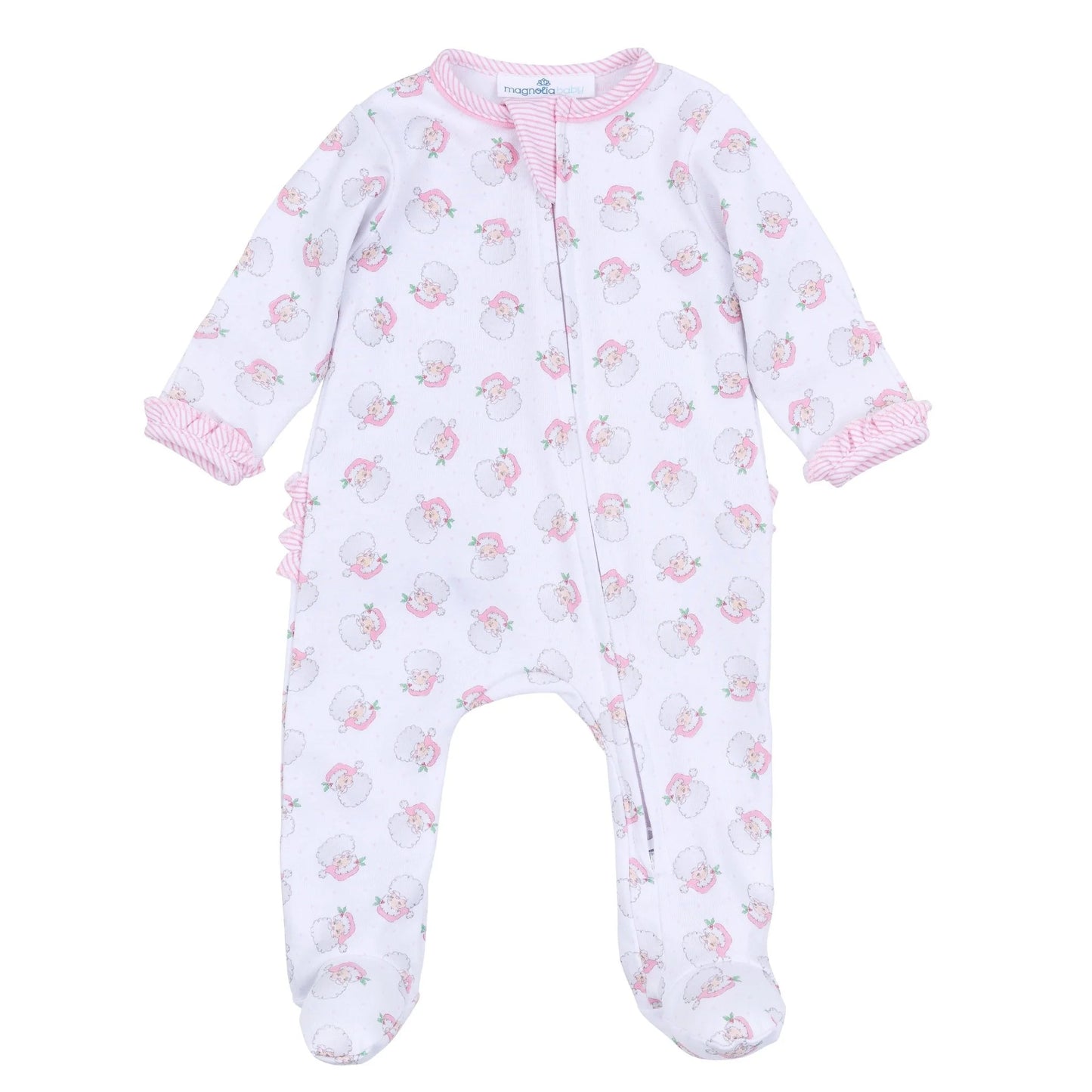 Santa Baby Print Ruffle Zip Footie - Pink