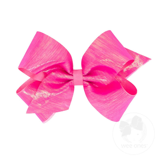 Medium Sheer Iridescent and Grosgrain Overlay Hair Bow - Hot Pink