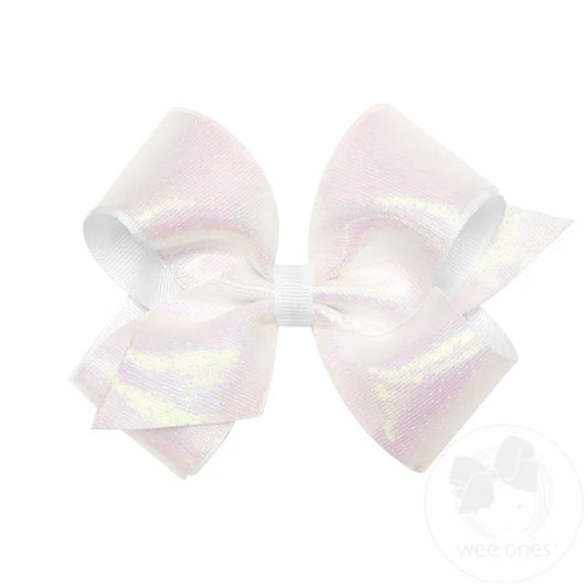 Medium Sheer Iridescent and Grosgrain Overlay Hair Bow - White