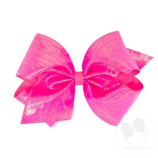 King Sheer Iridescent and Grosgrain Overlay Hair Bow - Hot Pink