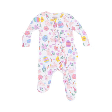 Baby 2 Way Ruffle Zipper Footie - Easter Bunnies Pink