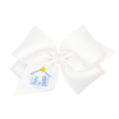King Grosgrain Hair Bow with Moonstitched Edge and Nativity Embroidery