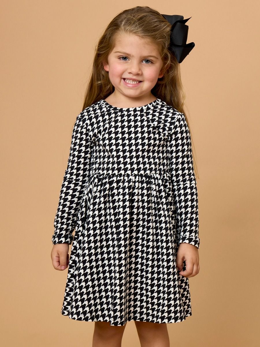 Black Houndstooth Knit Long Sleeve Twirl Dress