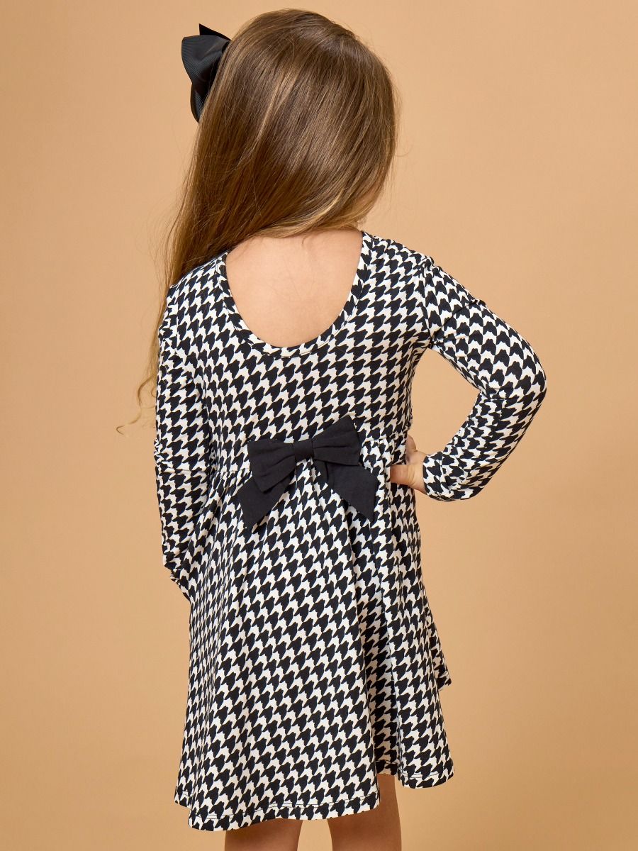 Black Houndstooth Knit Long Sleeve Twirl Dress