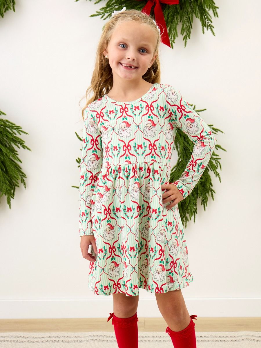 Holiday Knit Long Sleeve Twirl Dress- Green