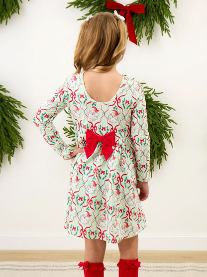 Holiday Knit Long Sleeve Twirl Dress- Green