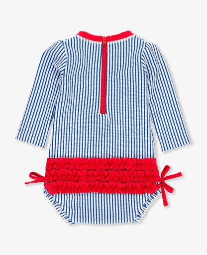 Seersucker Long Sleeve One Piece Rash Guard - Blue Seersucker
