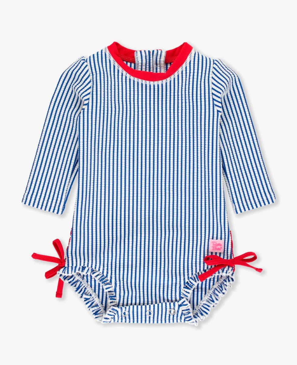 Seersucker Long Sleeve One Piece Rash Guard - Blue Seersucker