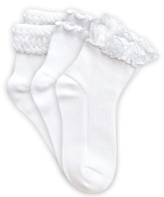 Smooth Toe Eyelet Lace/Ripple/Bubble Quarter Ankle Socks - 3 Pair Pack