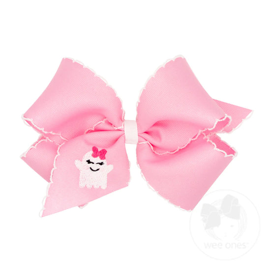 King Grosgrain Hair Bow Pink Ghost Embroidery