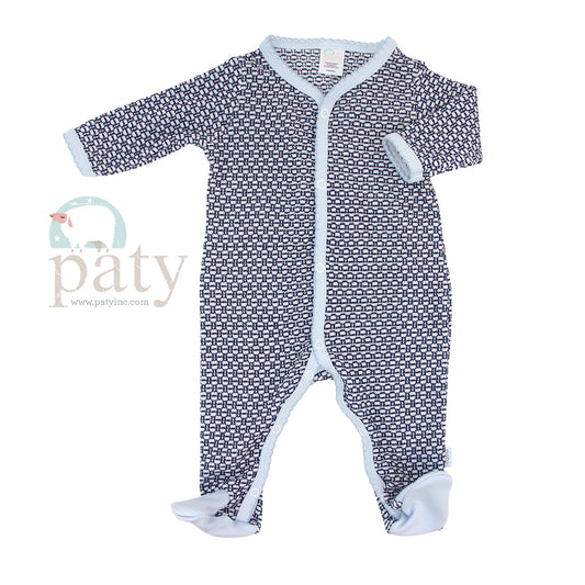 Paty Knit Footie with Pima Trim - Navy with Blue