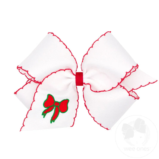 King Grosgrain Hair Bow with Moonstitch Edge and Christmas Embroidery