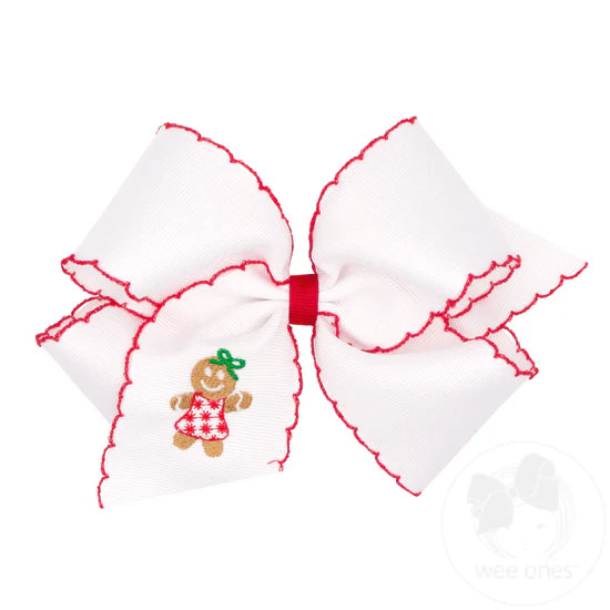 King Grosgrain Hair Bow with Moonstitch Edge and Christmas Embroidery