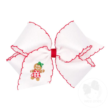 King Grosgrain Hair Bow with Moonstitch Edge and Christmas Embroidery