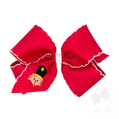 King Grosgrain Hair Bow with Moonstitch Edge and Christmas Embroidery