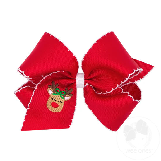 King Grosgrain Hair Bow with Moonstitch Edge and Christmas Embroidery