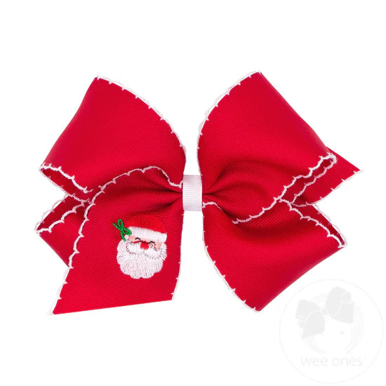 King Grosgrain Hair Bow with Moonstitch Edge and Christmas Embroidery