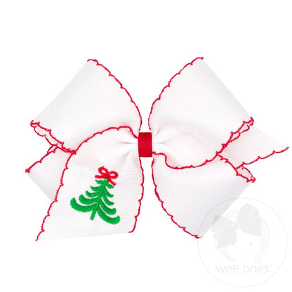King Grosgrain Hair Bow with Moonstitch Edge and Christmas Embroidery
