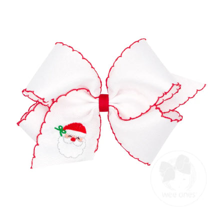 King Grosgrain Hair Bow with Moonstitch Edge and Christmas Embroidery