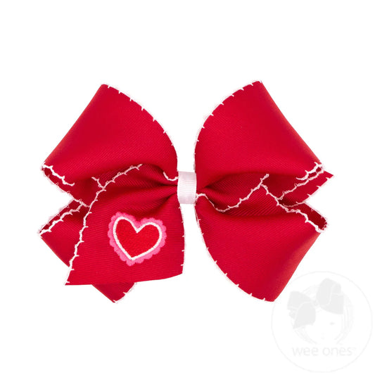 King Moonstitch Edge Grosgrain Hair Bow with Heart Embroidery- RED