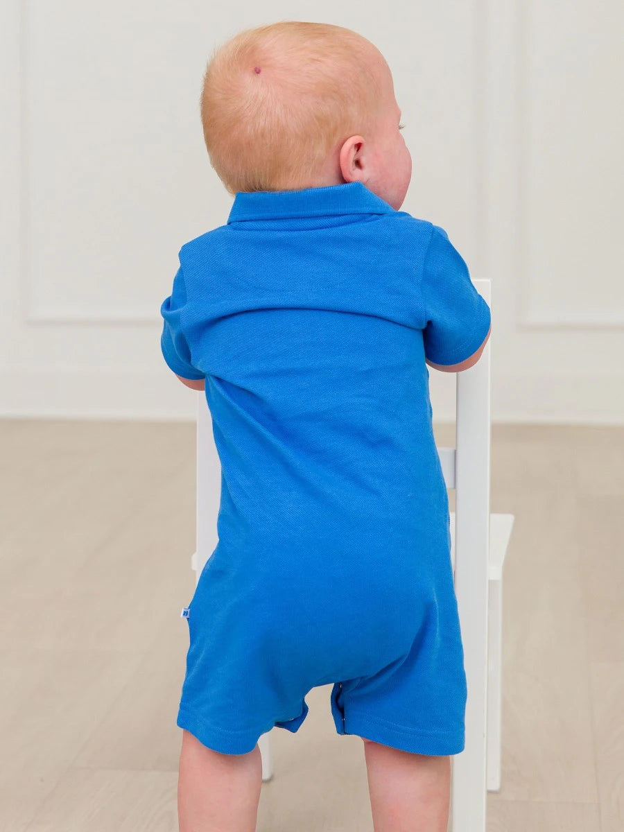 Pique Polo Romper - Sonic Blue
