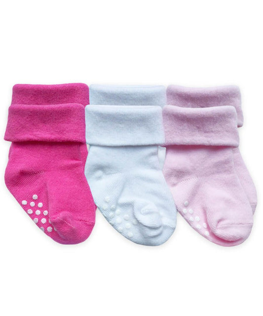 Girls Non-Skid Turn Cuff Socks - 3 Pair Pack