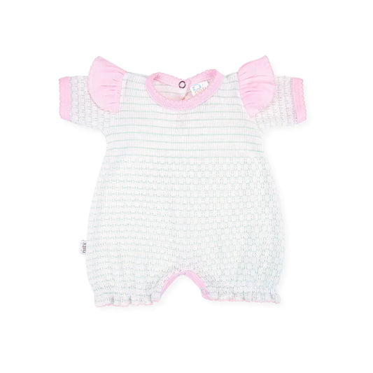 Paty Knit Baby Girl Bubble with Shoulder Ruffle Trim- Mint w/ Pink Trim
