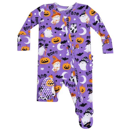 Costumed Ghosts - Glow In The Dark - Purple 2 Way Zipper Ruffle Back Footie