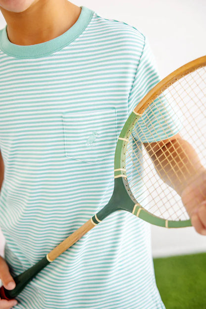 Carter Crewneck- Turks Teal Stripe with Turks Teal Stork