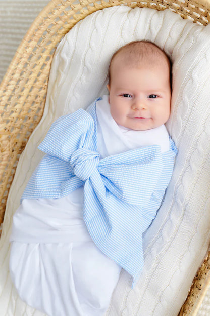Bow Swaddle- Breakers Blue Seersucker