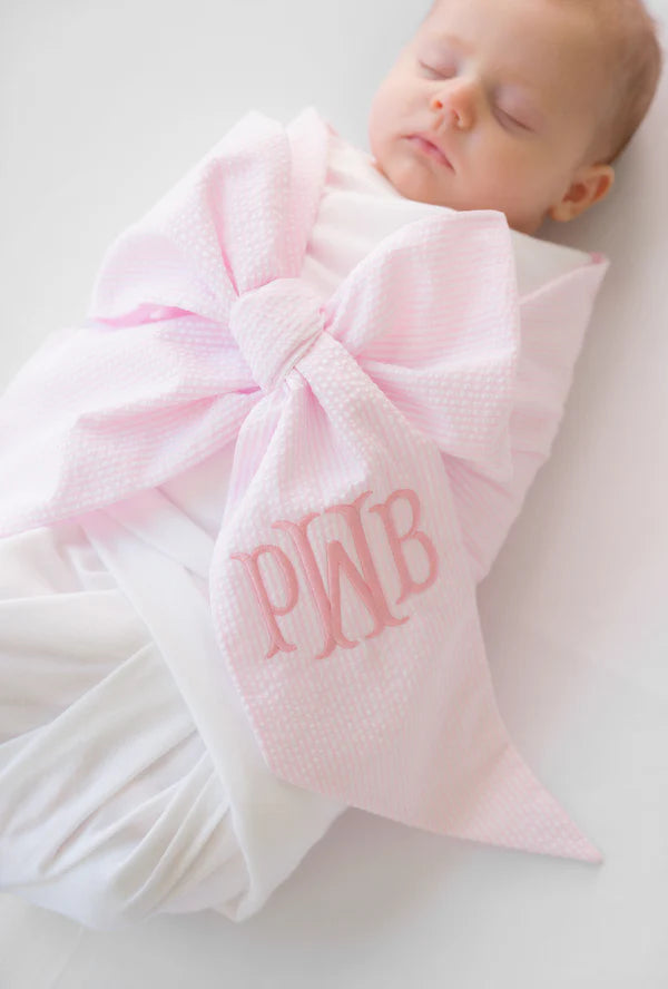 Bow Swaddle- Pink Savannah Seersucker