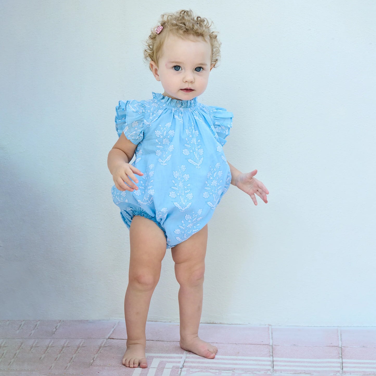 Baby Girls Harper Bubble- Blue Dewdrop Block Print