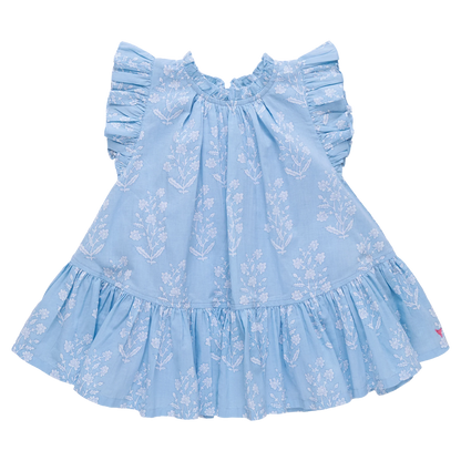 Girls Harper Dress- Blue Dewdrop Block Print