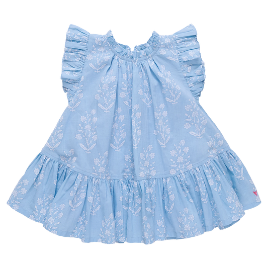 Girls Harper Dress- Blue Dewdrop Block Print