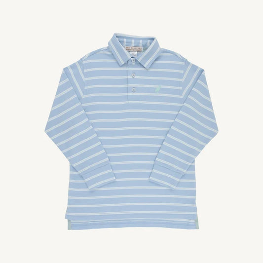 Long Sleeve Prim & Proper Polo - Sarasota Sky, Old Greenwich Green and Worth Avenue White Stripe