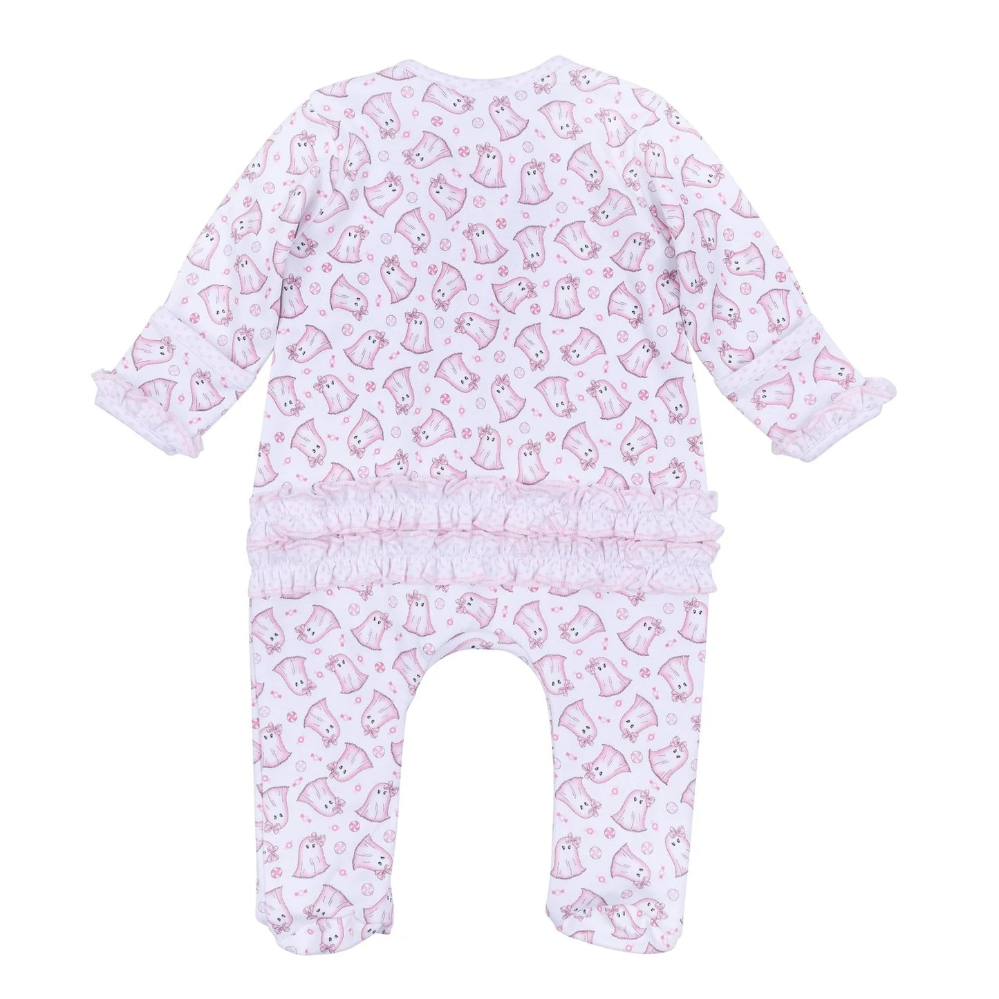 My Little Boo Print Ruffle Zip Footie - Pink